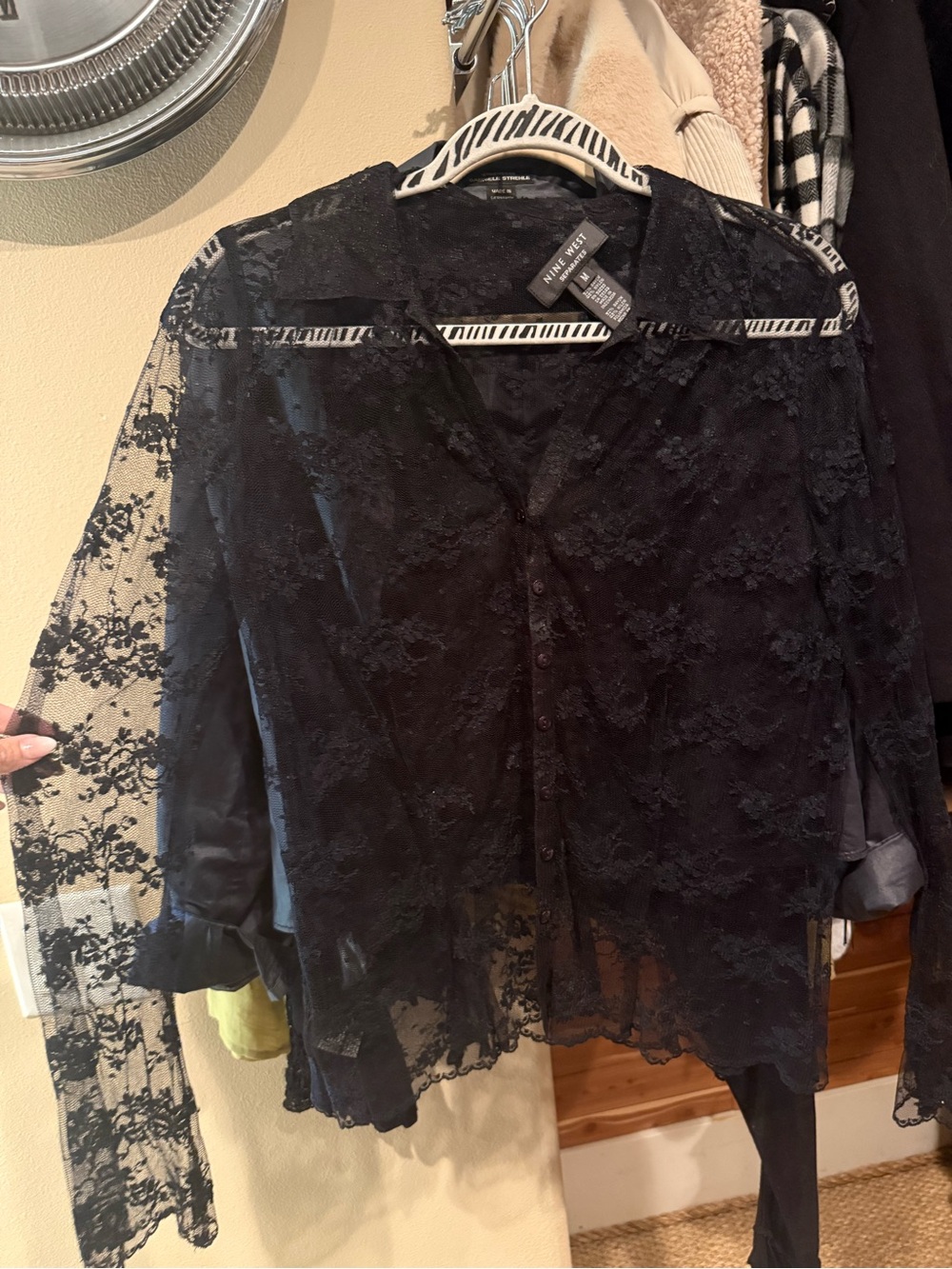 Nine West Black Sheer Lace Button-Down Shirt